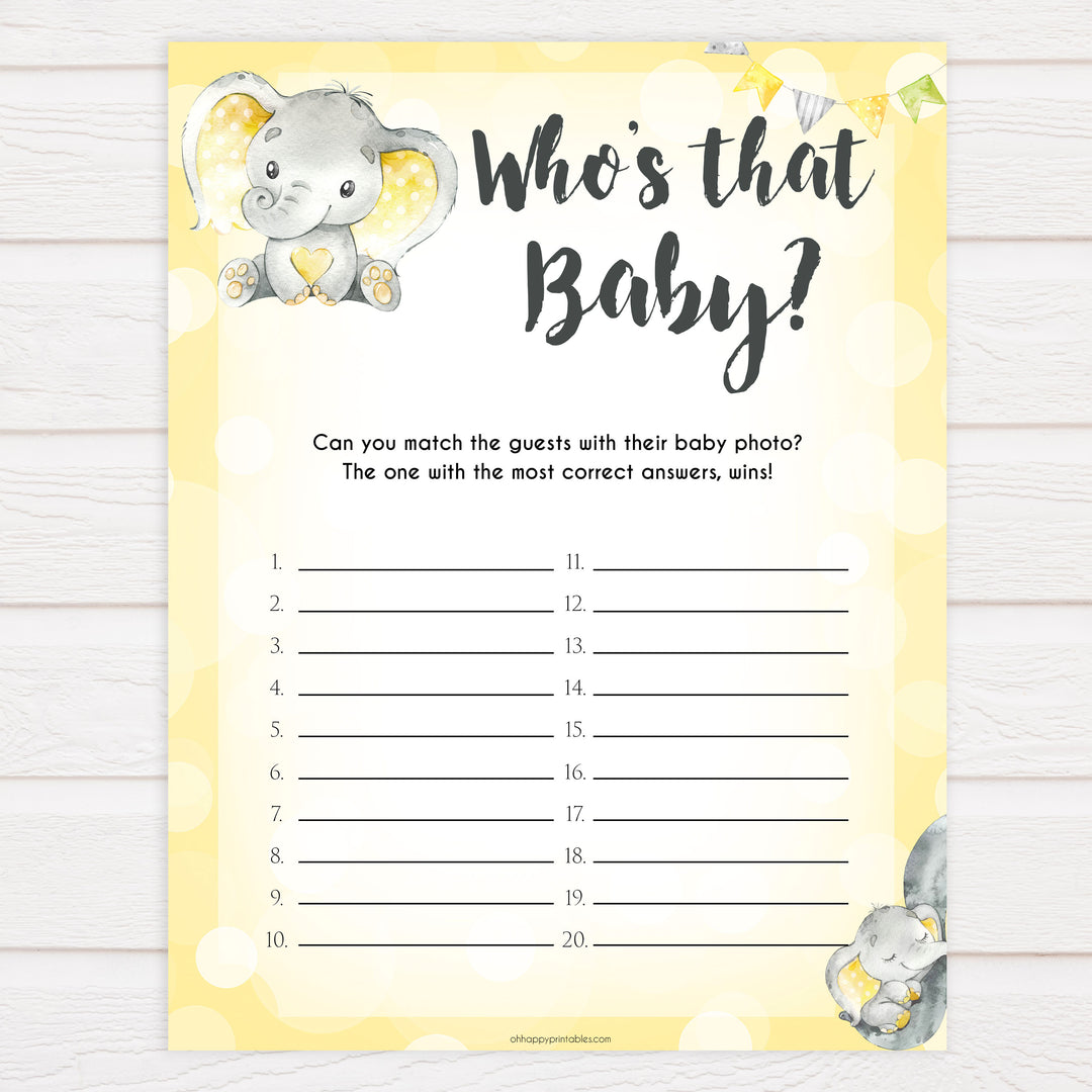 whos that baby game, guess the baby picture game, Printable baby shower games, fun baby games, baby shower games, fun baby shower ideas, top baby shower ideas, yellow elephant baby shower, blue baby shower ideas