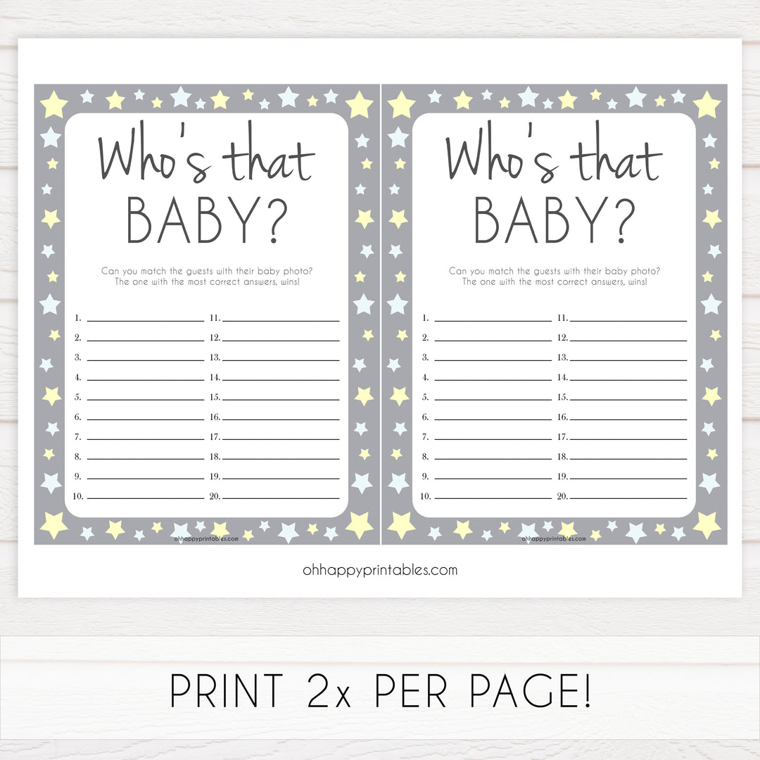 grey & yellow stars, whos that baby, printable baby shower games, fun baby games, top baby shower games, star baby games, little star baby shower