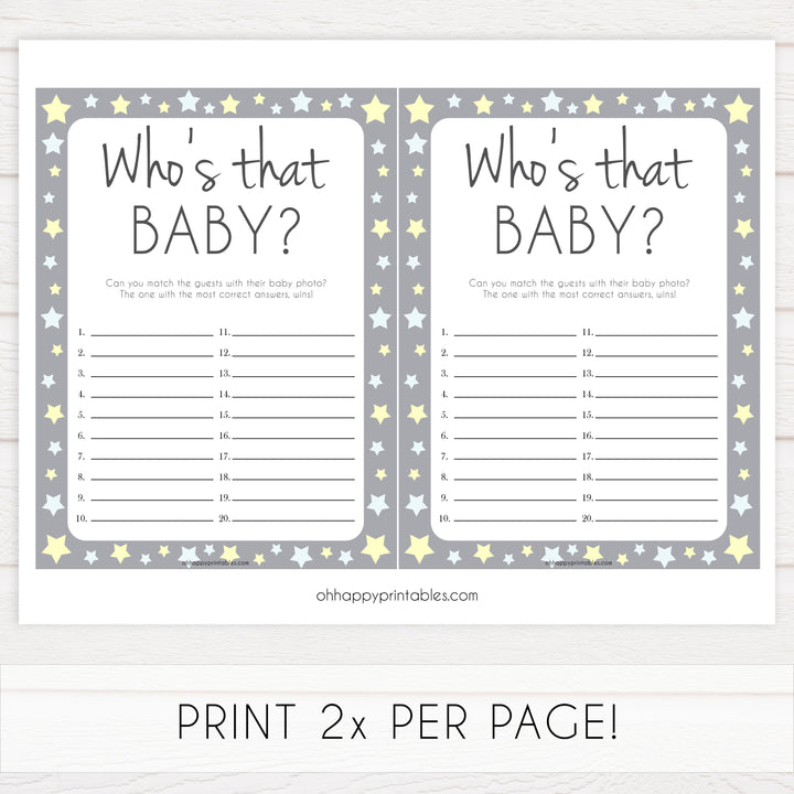 grey & yellow stars, whos that baby, printable baby shower games, fun baby games, top baby shower games, star baby games, little star baby shower