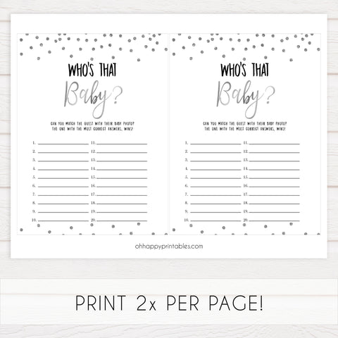 whos that baby game, guess the baby photo, Printable baby shower games, baby silver glitter fun baby games, baby shower games, fun baby shower ideas, top baby shower ideas, silver glitter shower baby shower, friends baby shower ideas