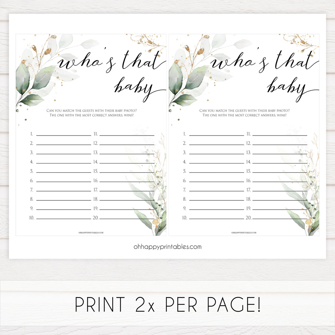 Gold green leaf baby games, whos that baby, who's that baby picture, printable baby games, fun baby games, top baby games to play, gold leaf baby shower, greenery baby shower ideas