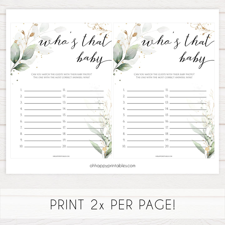Gold green leaf baby games, whos that baby, who's that baby picture, printable baby games, fun baby games, top baby games to play, gold leaf baby shower, greenery baby shower ideas