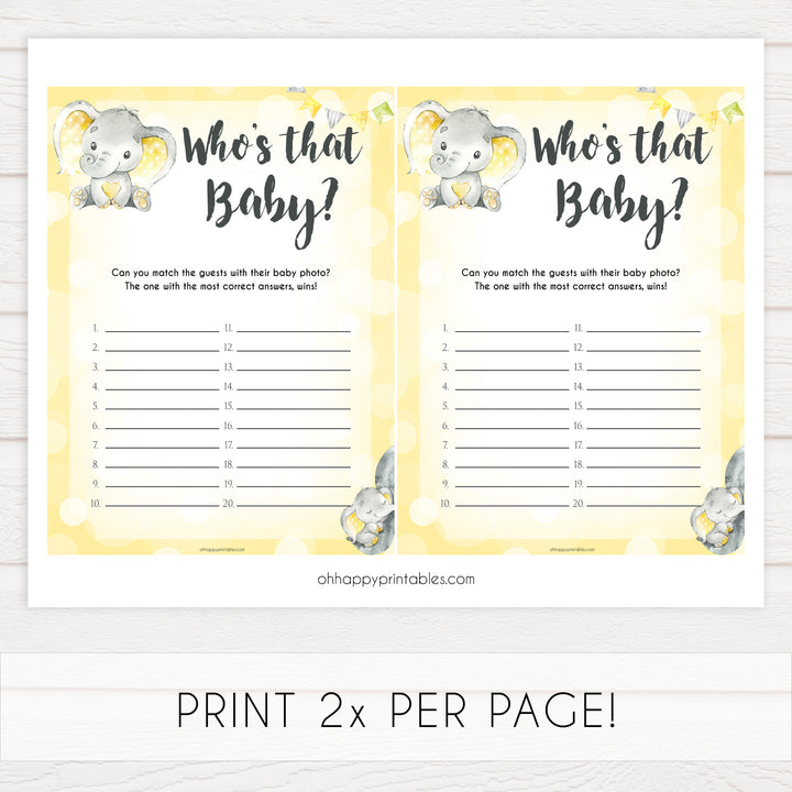 whos that baby game, guess the baby picture game, Printable baby shower games, fun baby games, baby shower games, fun baby shower ideas, top baby shower ideas, yellow elephant baby shower, blue baby shower ideas