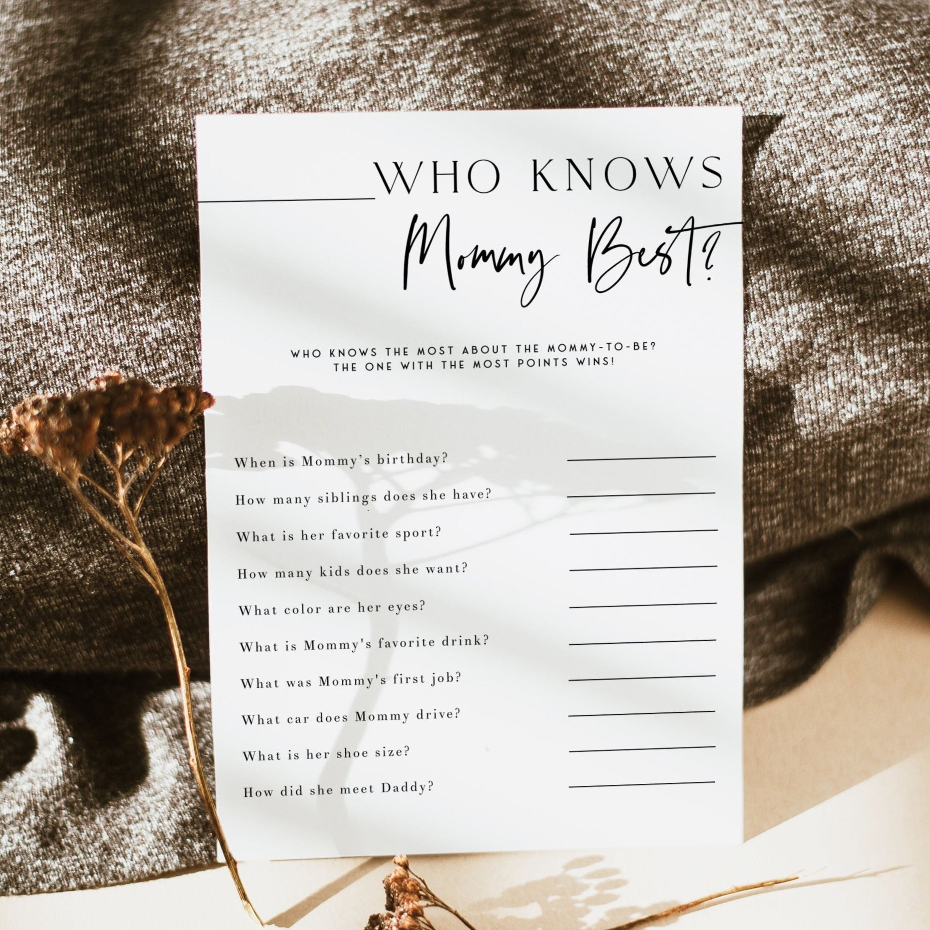 Printable baby shower game What Did Mommy Say with a modern minimalist design