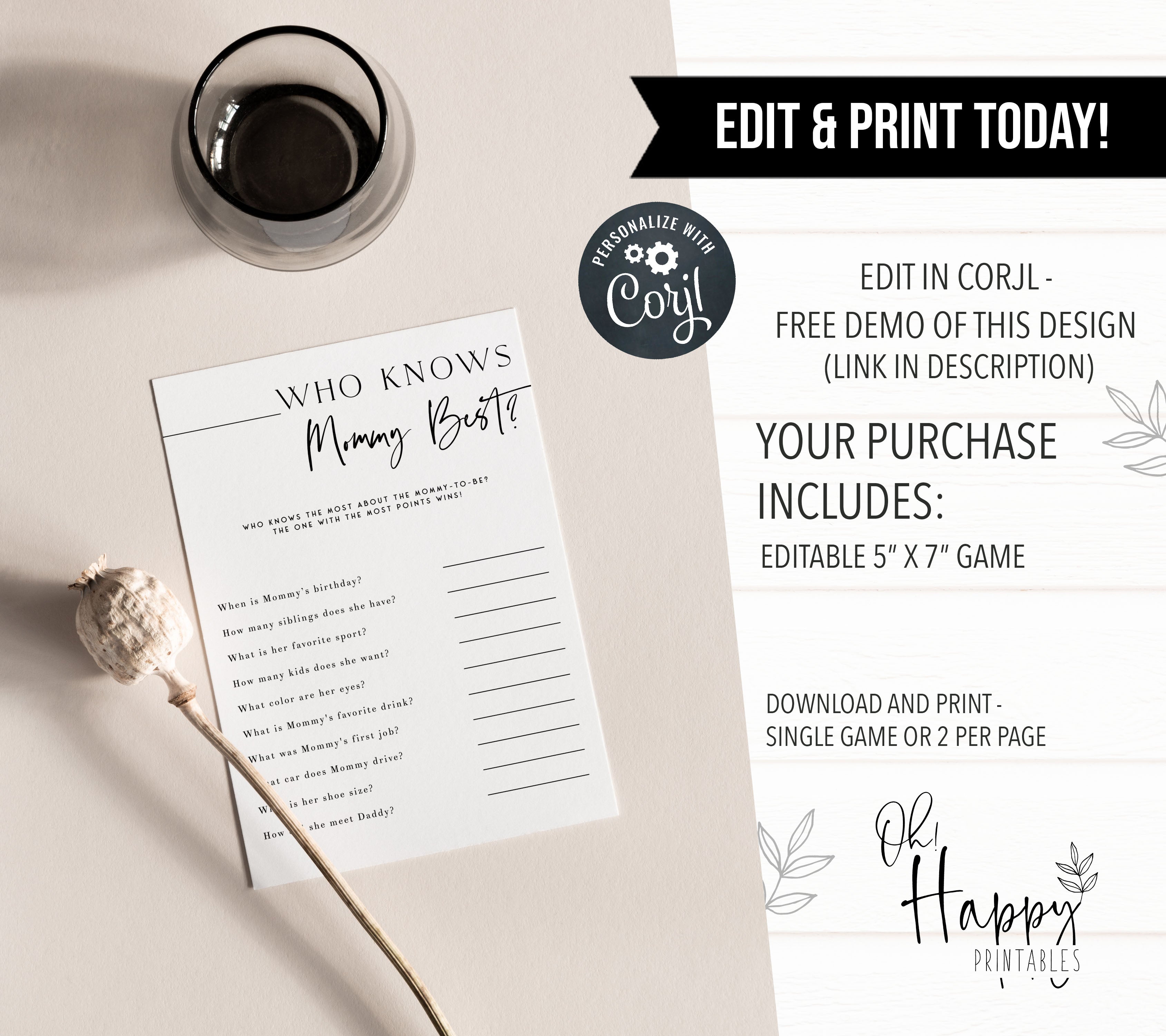 Printable baby shower game Who Knows Mommy Best with a modern minimalist design