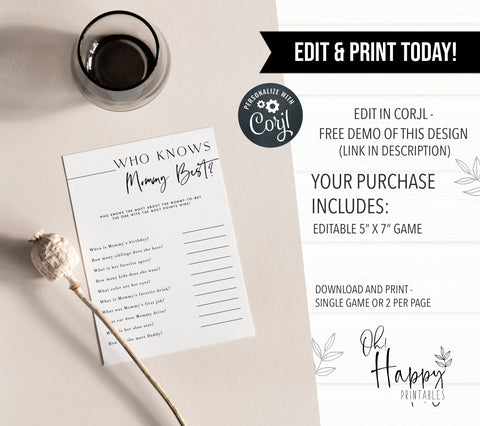 Printable baby shower game Who Knows Mommy Best with a modern minimalist design