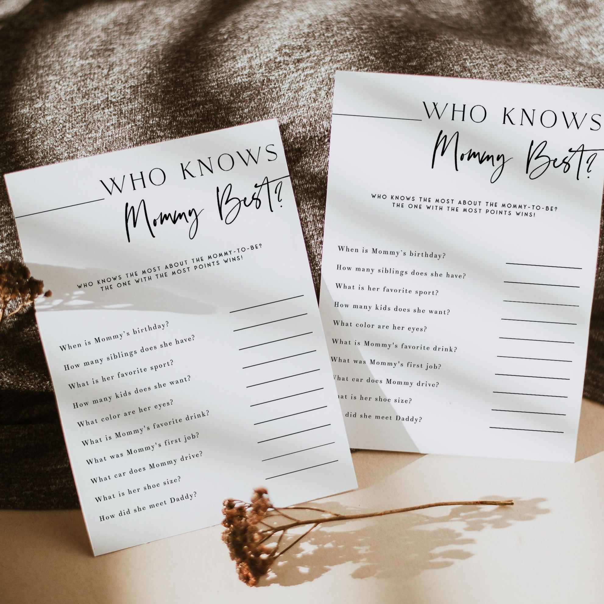Printable baby shower game What Did Mommy Say with a modern minimalist design
