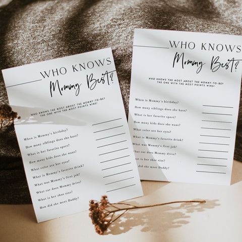 Printable baby shower game What Did Mommy Say with a modern minimalist design