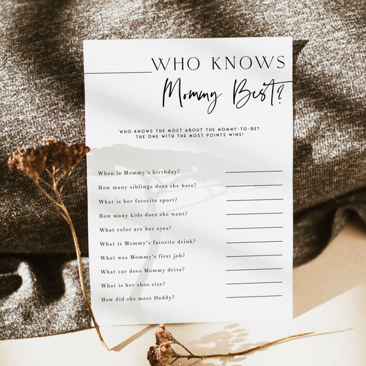 Printable baby shower game Who Knows Mommy Best with a modern minimalist design