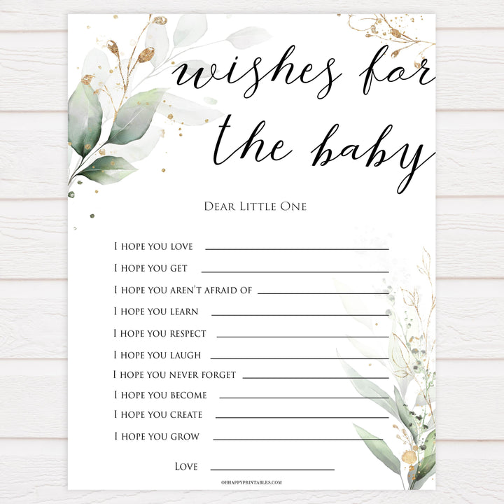  Gold green leaf baby games, wishes for the baby, printable baby games, fun baby games, top baby games to play, gold leaf baby shower, greenery baby shower ideas