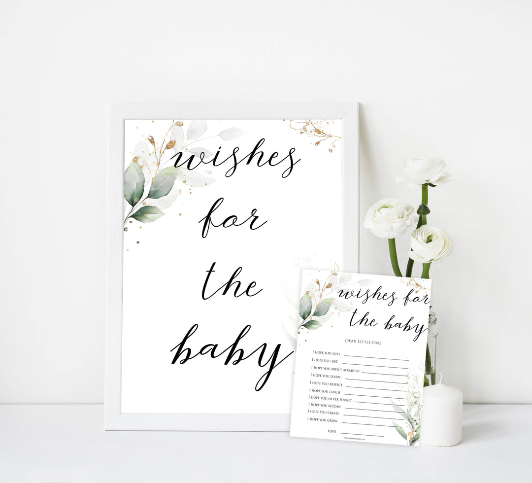  Gold green leaf baby games, wishes for the baby, printable baby games, fun baby games, top baby games to play, gold leaf baby shower, greenery baby shower ideas