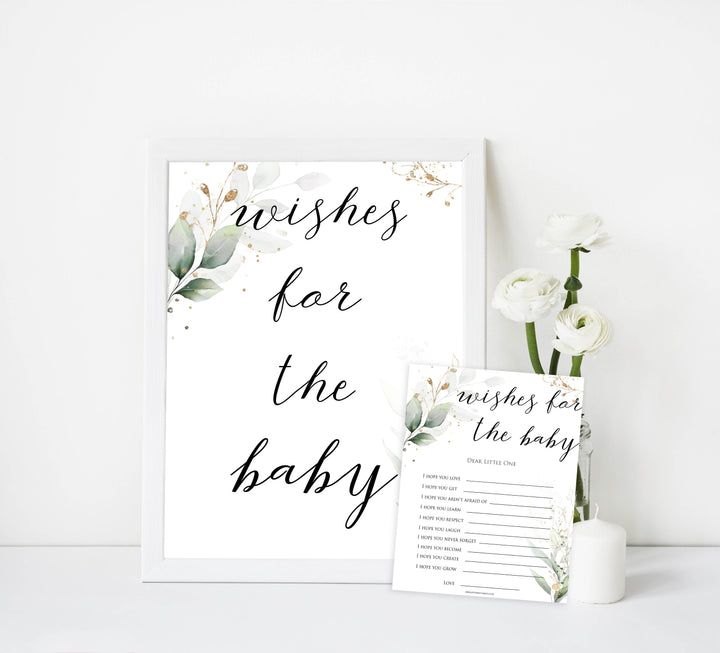  Gold green leaf baby games, wishes for the baby, printable baby games, fun baby games, top baby games to play, gold leaf baby shower, greenery baby shower ideas