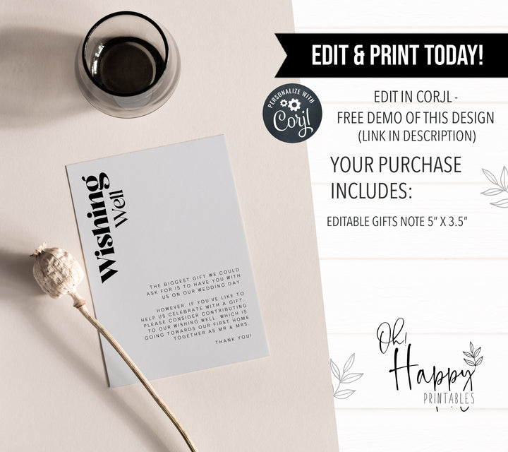 editable wishing well card, printable wishing well card, grey modern wedding invitation suite, editable wedding stationery, printable wedding stationery, modern wedding items, wedding save the dates