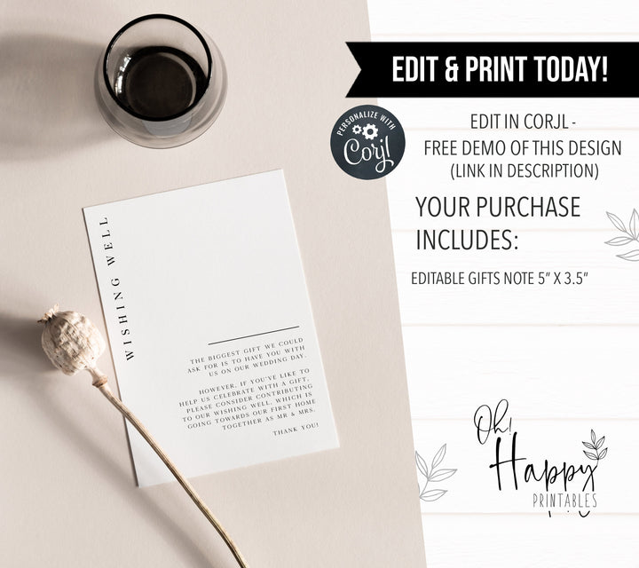 editable wishing well card, printable wishing well card, editable wedding invitation suite, editable wedding stationery, printable wedding stationery, modern wedding items, wedding save the dates