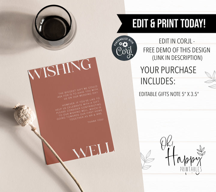editable wishing well card, printable wishing well card, dusty rose wedding invitation suite, editable wedding stationery, printable wedding stationery, modern wedding items, wedding save the dates