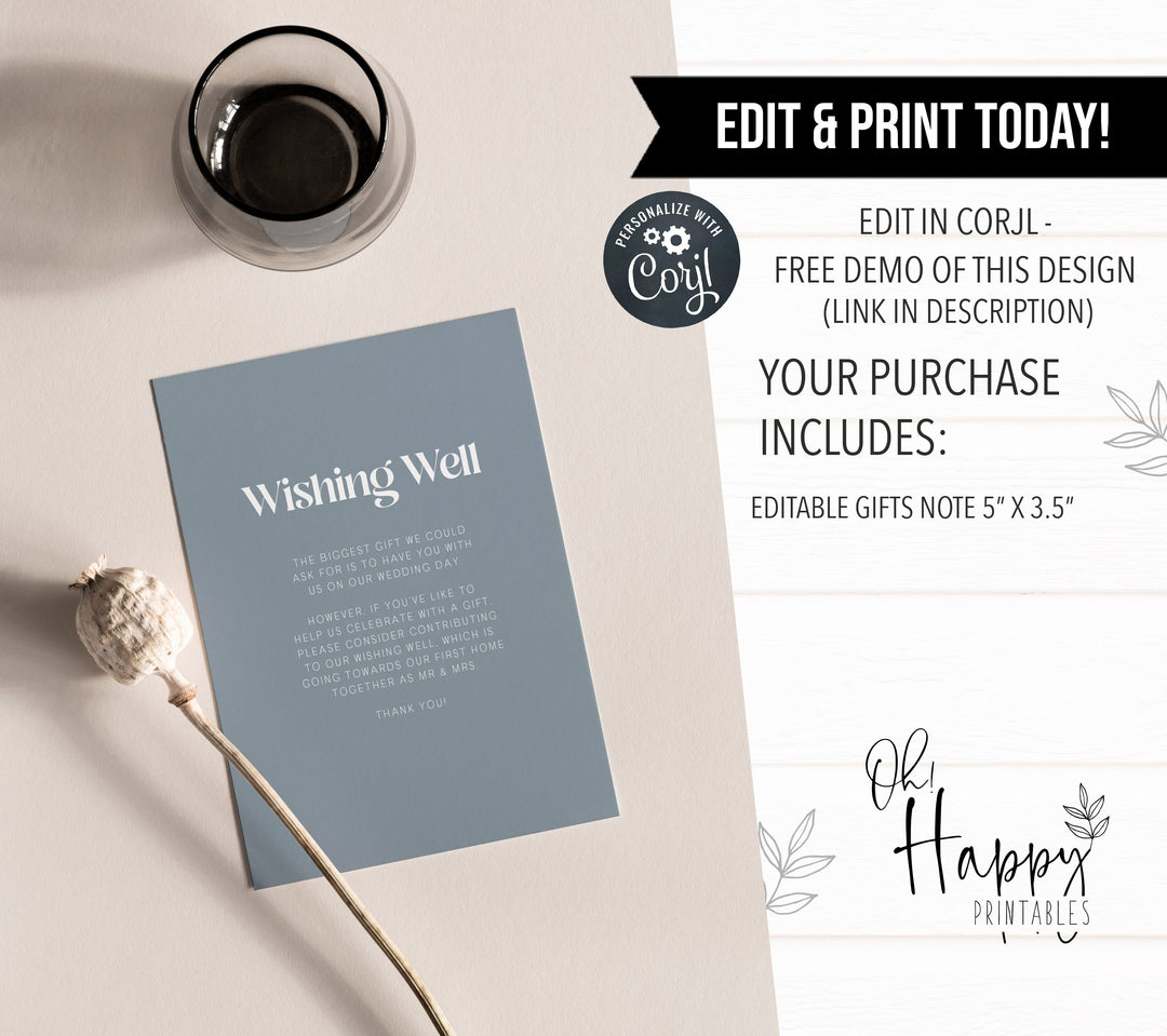 editable wishing well card, printable wishing well card, modern wedding invitation suite, editable wedding stationery, printable wedding stationery, modern wedding items, wedding save the dates