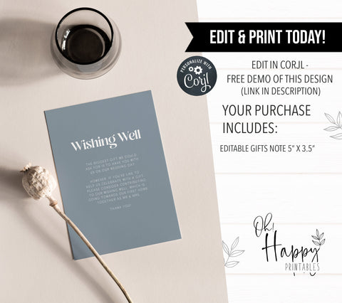 editable wishing well card, printable wishing well card, modern wedding invitation suite, editable wedding stationery, printable wedding stationery, modern wedding items, wedding save the dates