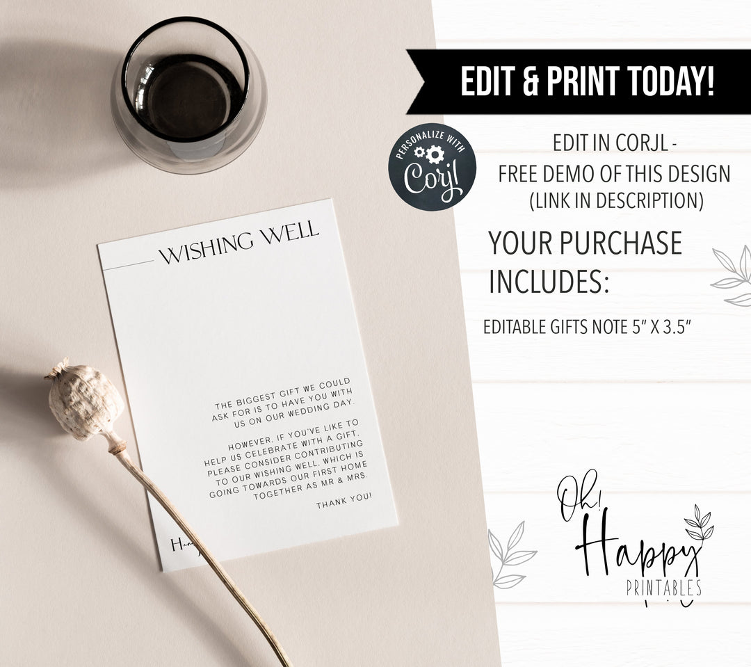 editable wishing well card, printable wishing well card, Simple modern wedding invitation suite, editable wedding stationery, printable wedding stationery, modern wedding items, wedding save the dates