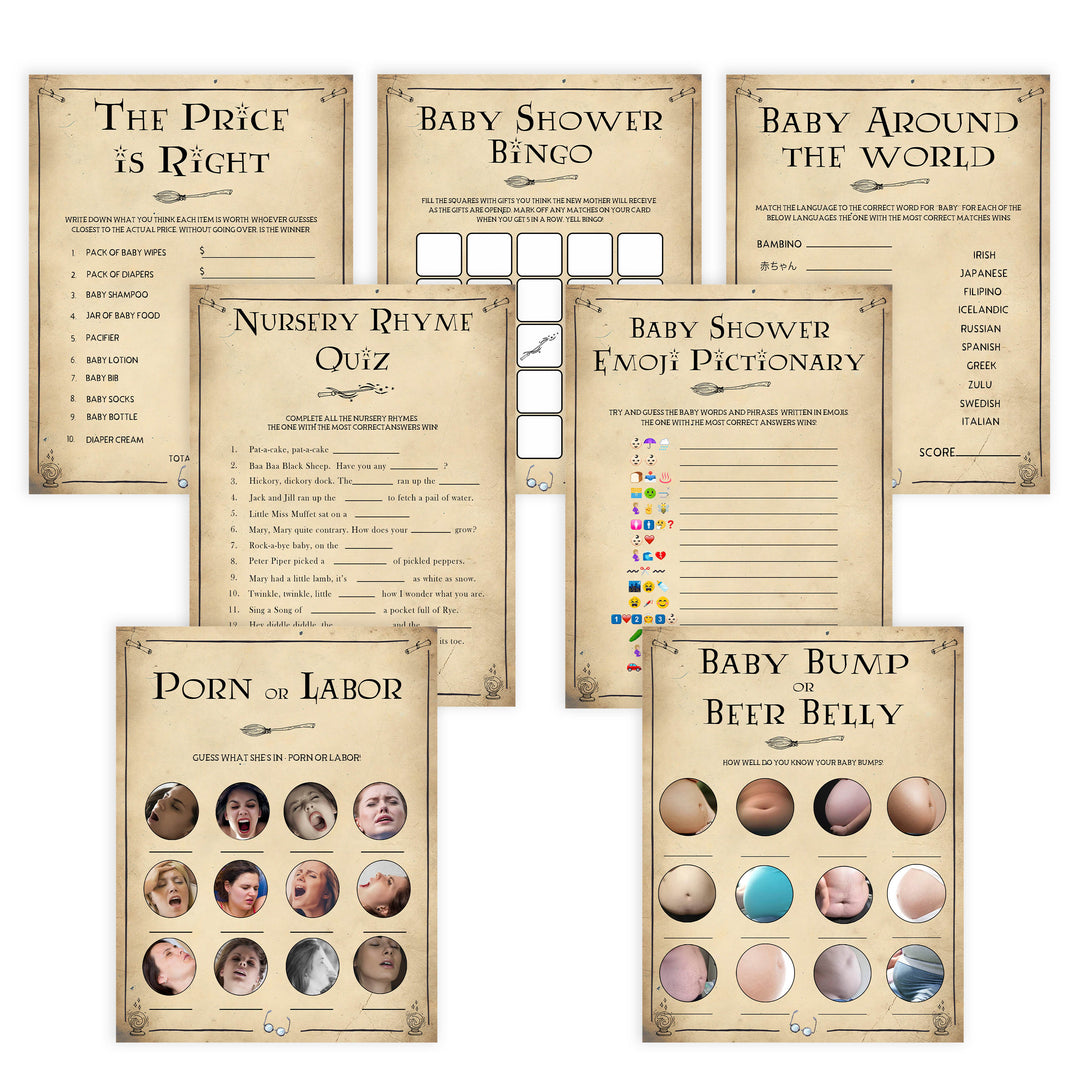 7 Wizard baby shower games, printable baby shower games, Harry Potter baby games, Harry Potter baby shower, fun baby shower games,  fun baby ideas