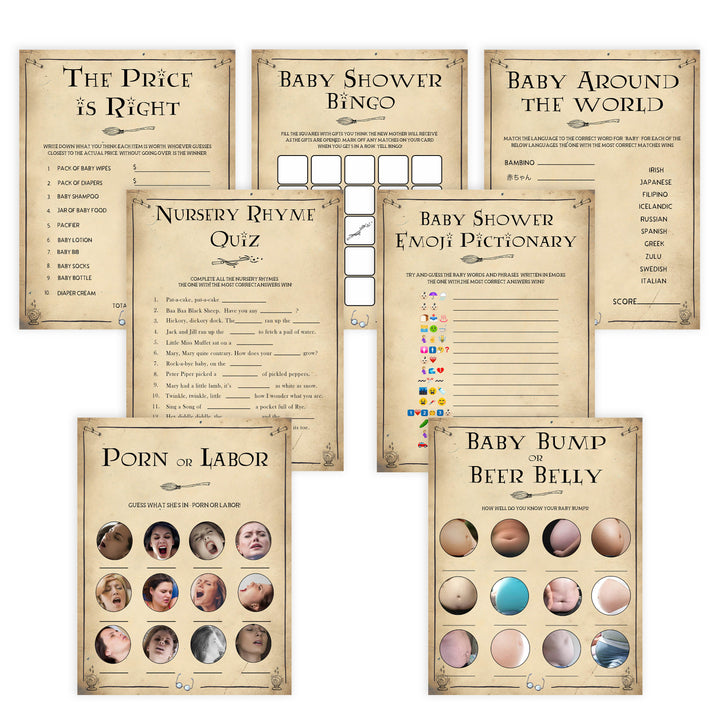 7 Wizard baby shower games, printable baby shower games, Harry Potter baby games, Harry Potter baby shower, fun baby shower games,  fun baby ideas