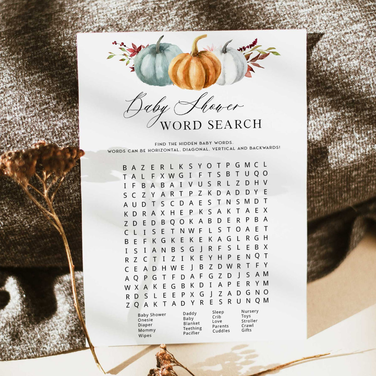 Fully editable and printable baby shower word search game with a fall pumpkin design. Perfect for a Fall Pumpkin baby shower themed party