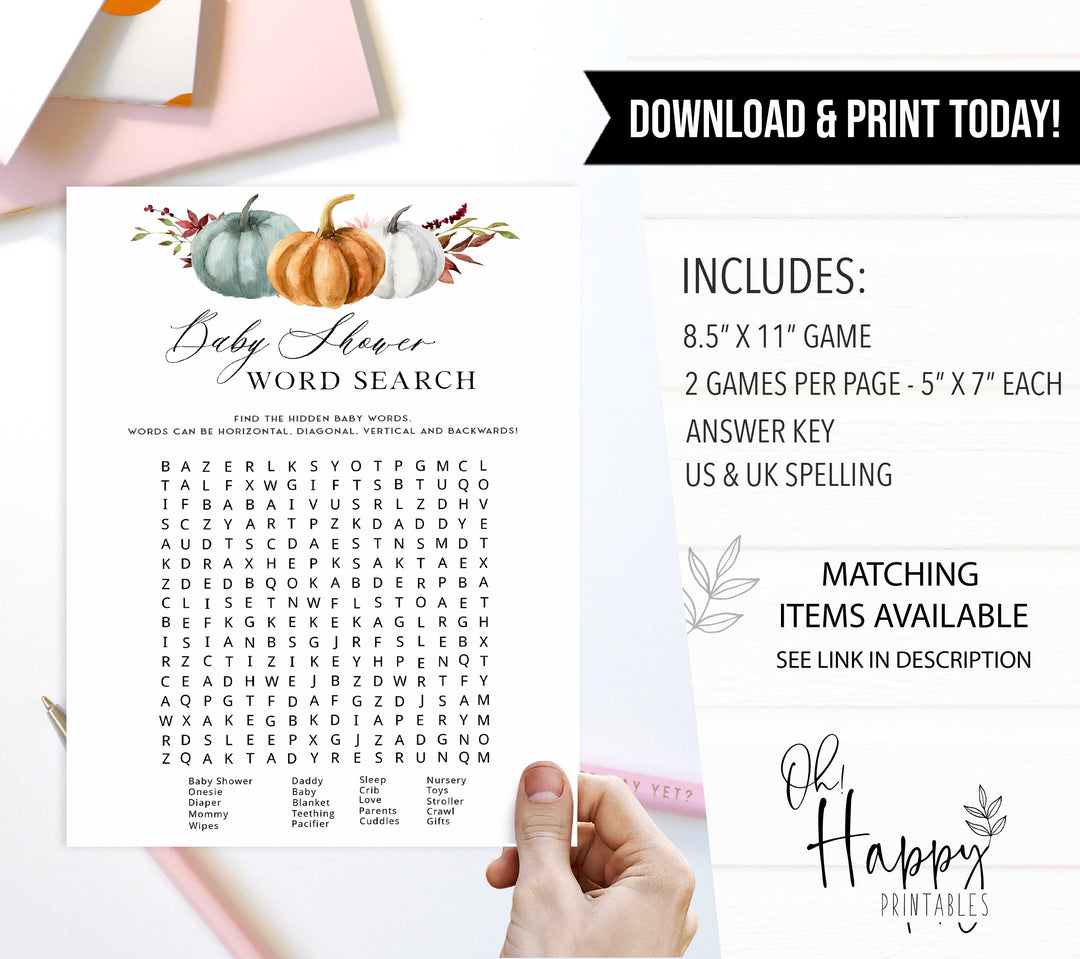 Fully editable and printable baby shower word search game with a fall pumpkin design. Perfect for a Fall Pumpkin baby shower themed party