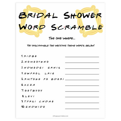 bridal word scramble, bridal shower word scramble, Printable bridal shower games, friends bridal shower, friends bridal shower games, fun bridal shower games, bridal shower game ideas, friends bridal shower