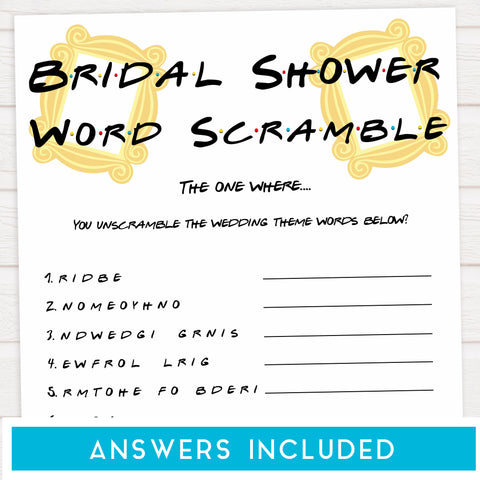 bridal word scramble, bridal shower word scramble, Printable bridal shower games, friends bridal shower, friends bridal shower games, fun bridal shower games, bridal shower game ideas, friends bridal shower