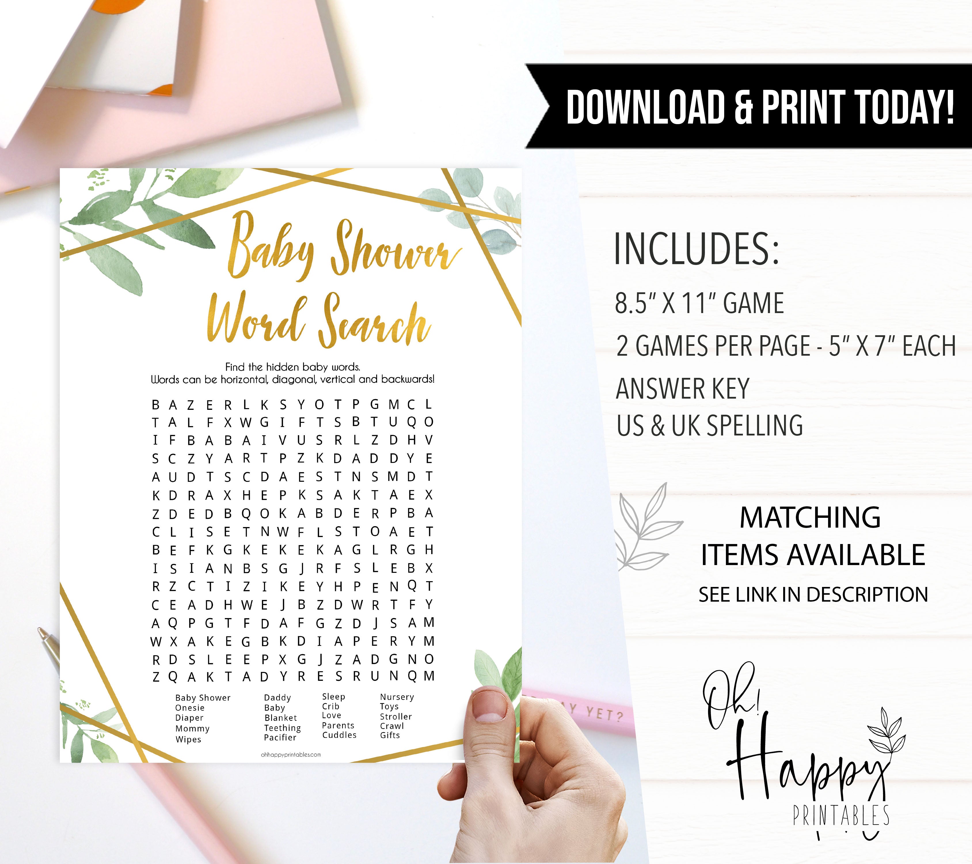 baby shower word search, baby word search game, Printable baby shower games, geometric fun baby games, baby shower games, fun baby shower ideas, top baby shower ideas, gold baby shower, blue baby shower ideas
