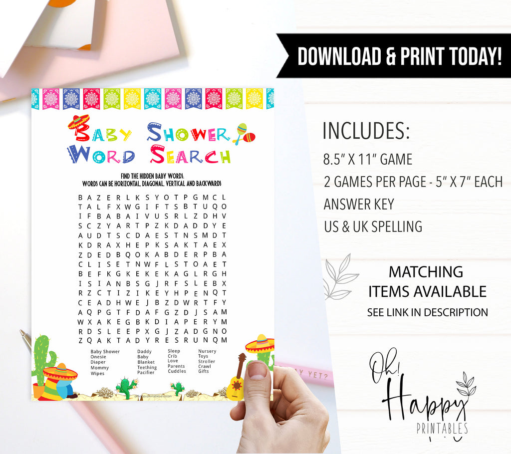 Baby Word Search - Printable Mexican Fiesta Baby Shower Games ...