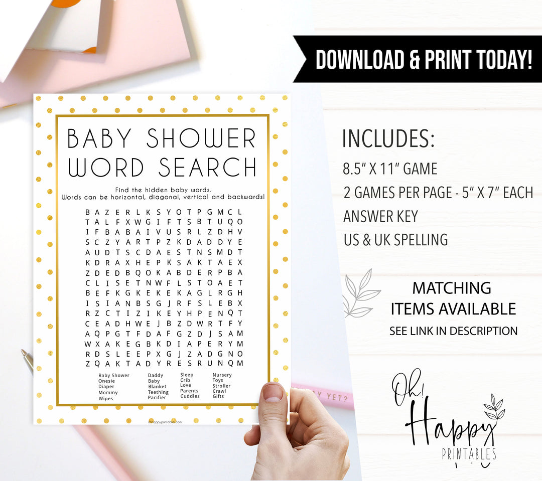 baby shower word search, baby word search game, Printable baby shower games, baby gold dots fun baby games, baby shower games, fun baby shower ideas, top baby shower ideas, gold glitter shower baby shower, friends baby shower ideas