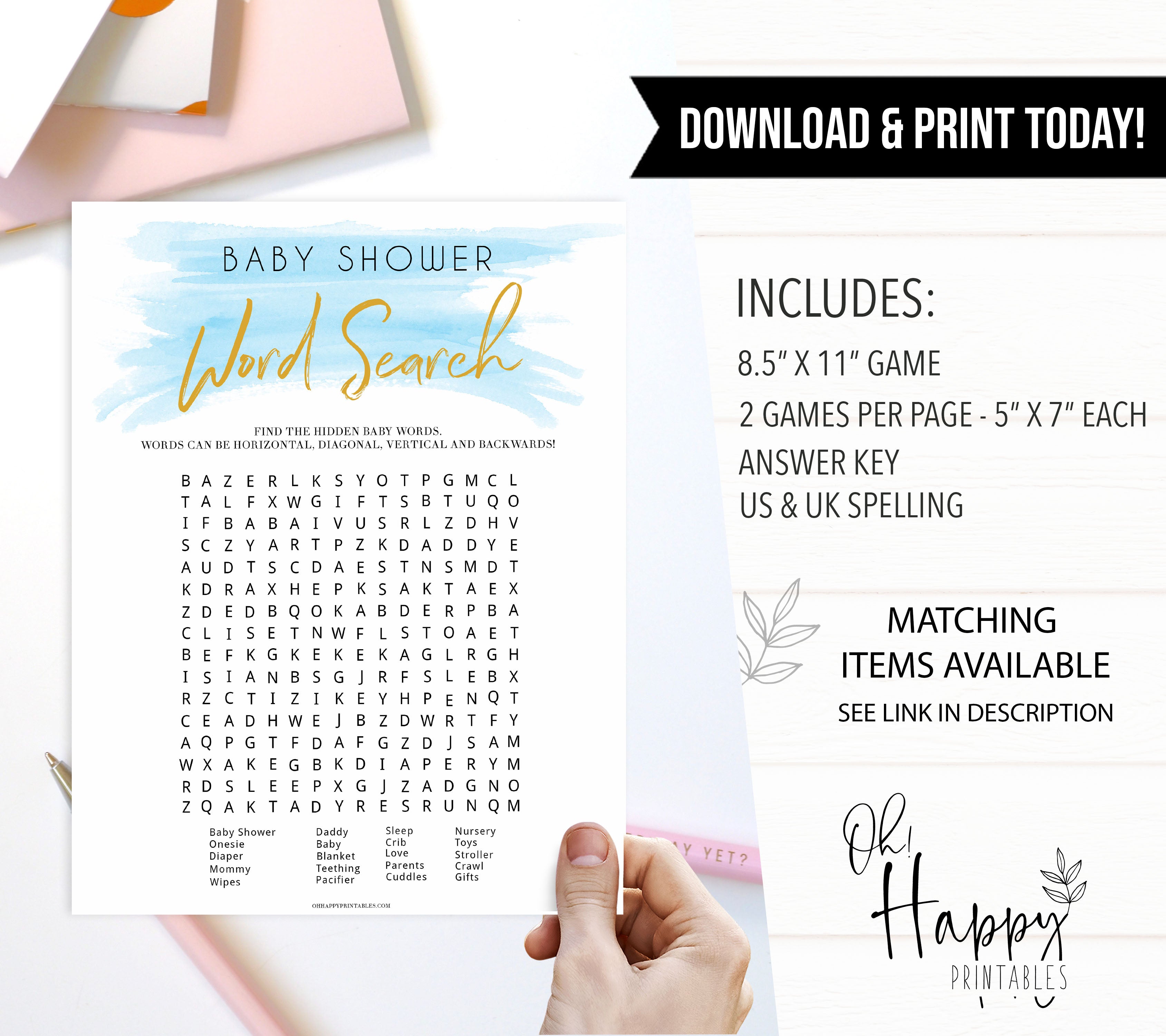 baby shower word search game, printable baby games, blue baby shower games, baby word search, fun baby shower games