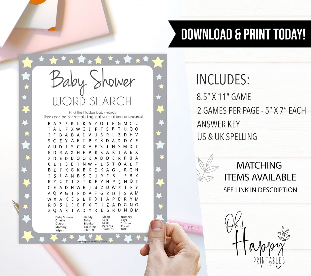 grey & yellow stars, baby shower word search, printable baby shower games, fun baby games, top baby shower games, star baby games, little star baby shower