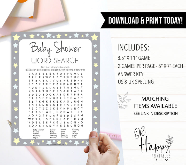 grey & yellow stars, baby shower word search, printable baby shower games, fun baby games, top baby shower games, star baby games, little star baby shower