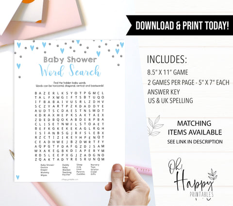 baby word search game, baby shower word search, Printable baby shower games, small blue hearts fun baby games, baby shower games, fun baby shower ideas, top baby shower ideas, silver baby shower, blue hearts baby shower ideas