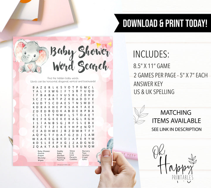 baby word search game, Printable baby shower games, fun abby games, baby shower games, fun baby shower ideas, top baby shower ideas, pink elephant baby shower, pink baby shower ideas