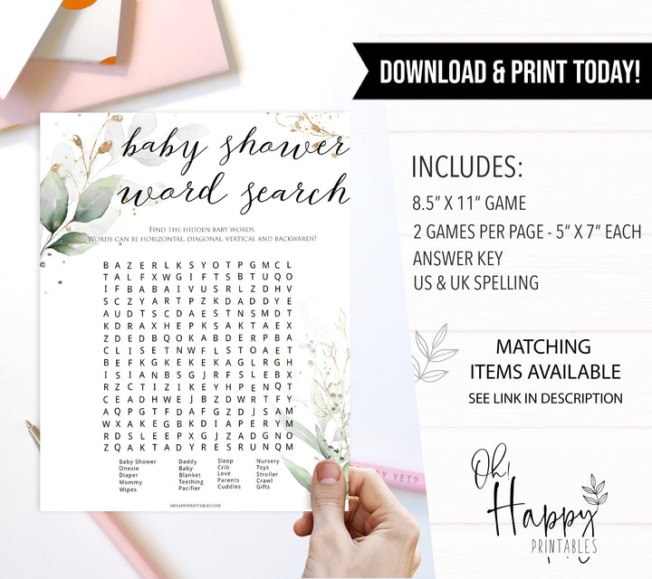  Gold green leaf baby games, baby shower word search, printable baby games, fun baby games, top baby games to play, gold leaf baby shower, greenery baby shower ideas