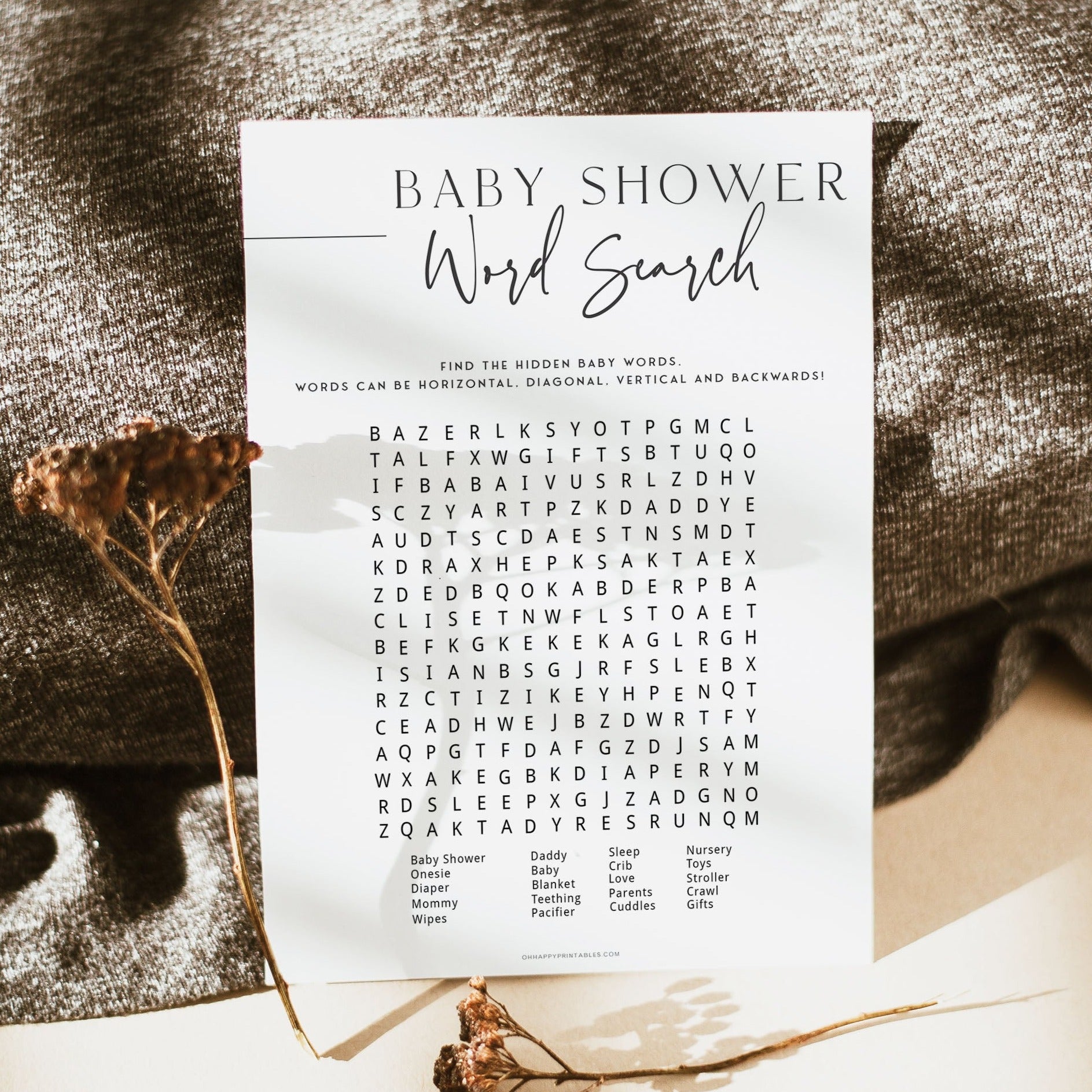Printable baby shower game Word Search with a modern minimalist design