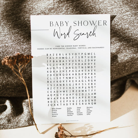 Printable baby shower game Word Search with a modern minimalist design
