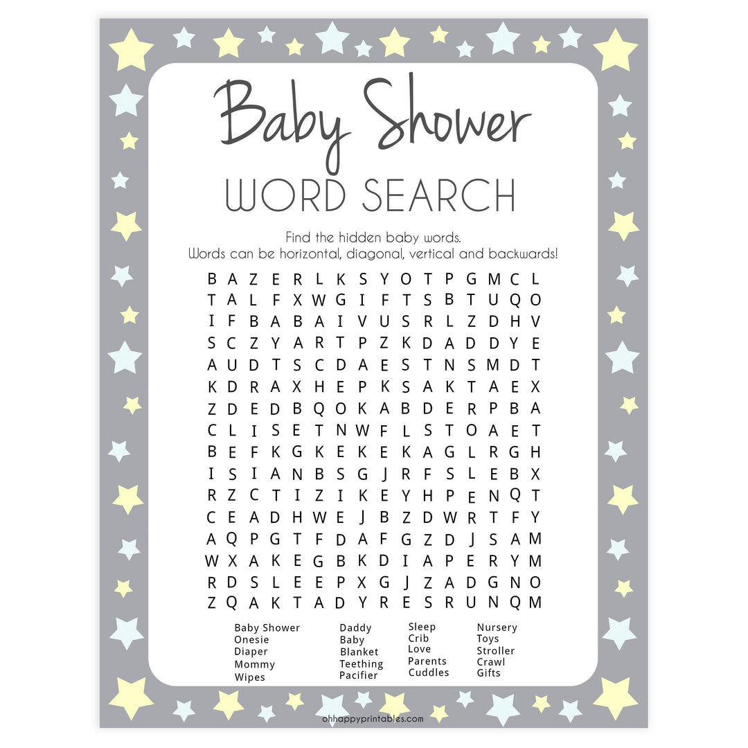grey & yellow stars, baby shower word search, printable baby shower games, fun baby games, top baby shower games, star baby games, little star baby shower