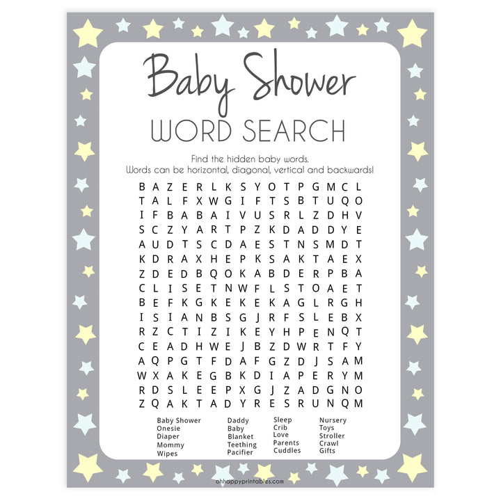 grey & yellow stars, baby shower word search, printable baby shower games, fun baby games, top baby shower games, star baby games, little star baby shower