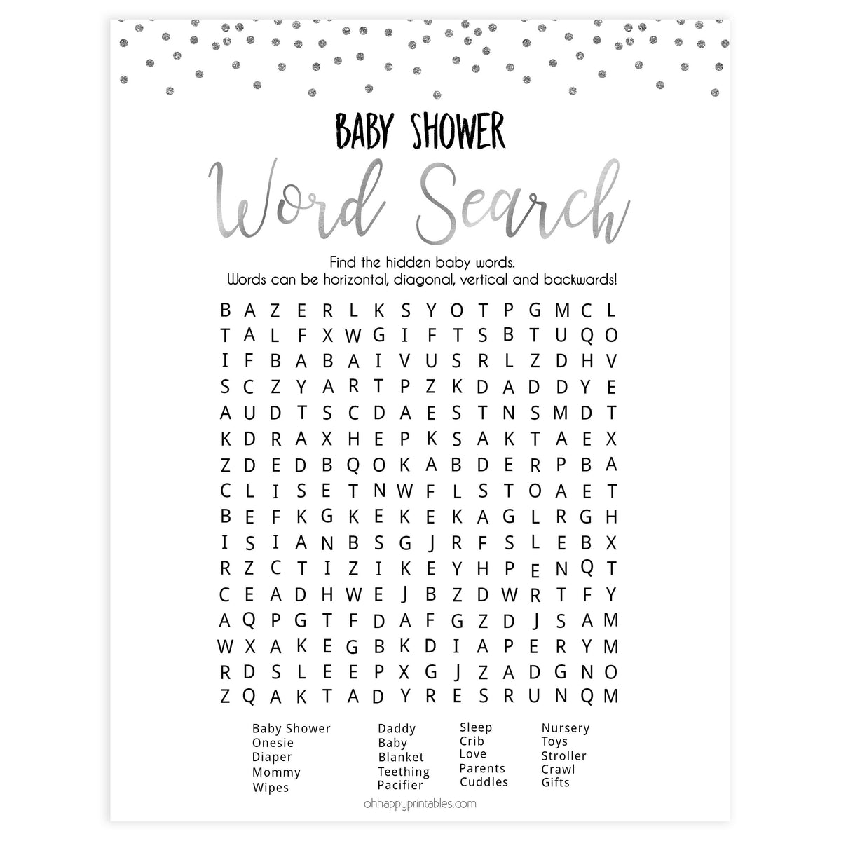 baby word search, baby shower word search game, Printable baby shower games, baby silver glitter fun baby games, baby shower games, fun baby shower ideas, top baby shower ideas, silver glitter shower baby shower, friends baby shower ideas