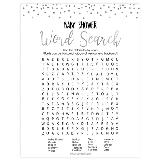 baby word search, baby shower word search game, Printable baby shower games, baby silver glitter fun baby games, baby shower games, fun baby shower ideas, top baby shower ideas, silver glitter shower baby shower, friends baby shower ideas