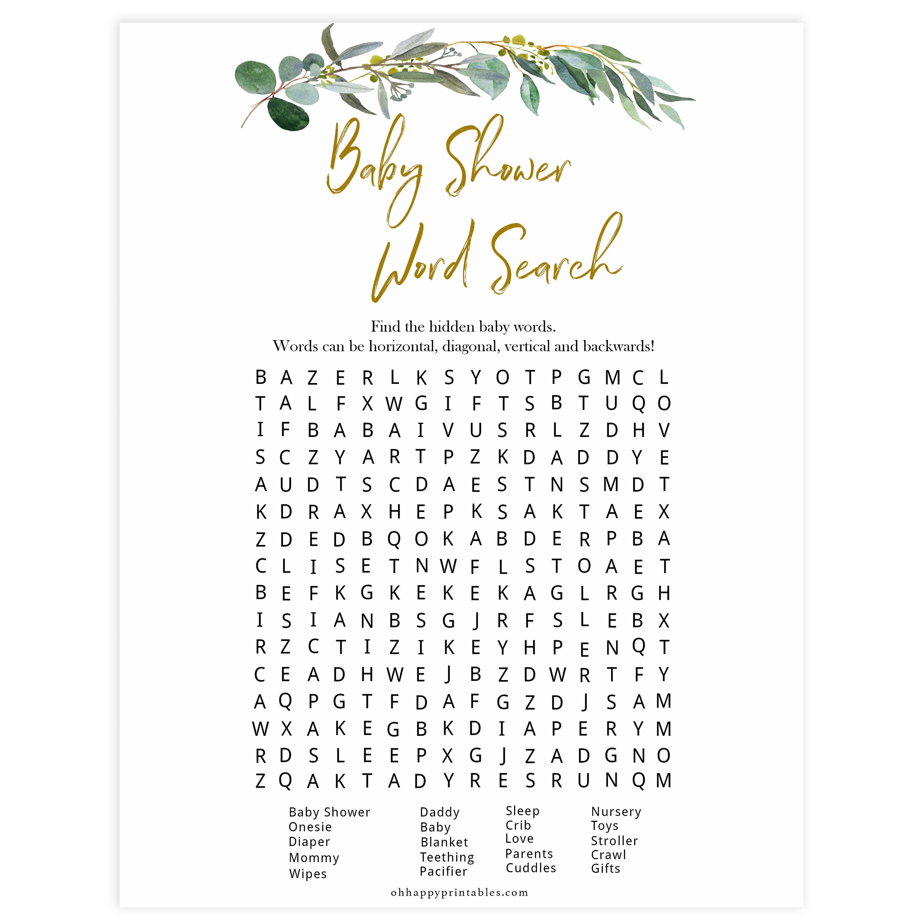 Eucalyptus baby games, baby shower word search, baby word search game, printable baby shower games, fun baby games, top baby games, best baby games, baby shower games