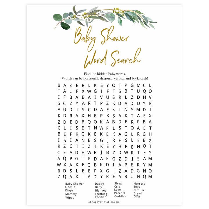 Eucalyptus baby games, baby shower word search, baby word search game, printable baby shower games, fun baby games, top baby games, best baby games, baby shower games