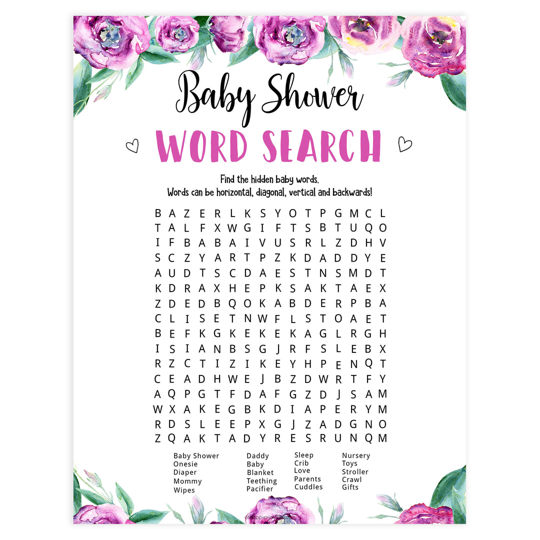 baby shower word search, printable baby shower games, purple peonies baby games, baby word search game, fun baby shower ideas