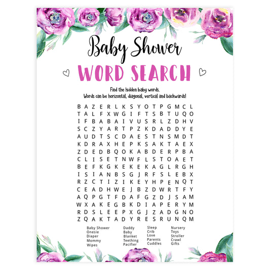 baby shower word search, printable baby shower games, purple peonies baby games, baby word search game, fun baby shower ideas