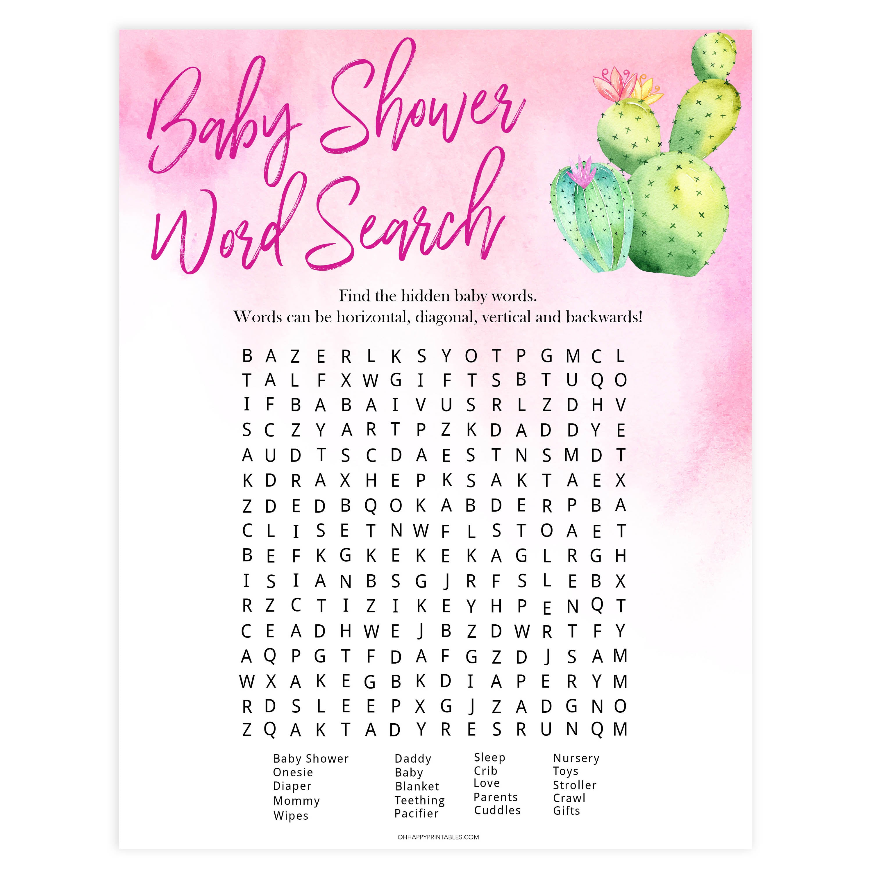 Cactus baby games, baby shower word search, baby word search, printable baby shower games, Mexican baby shower, fun baby games, top baby games, best baby games, baby shower games