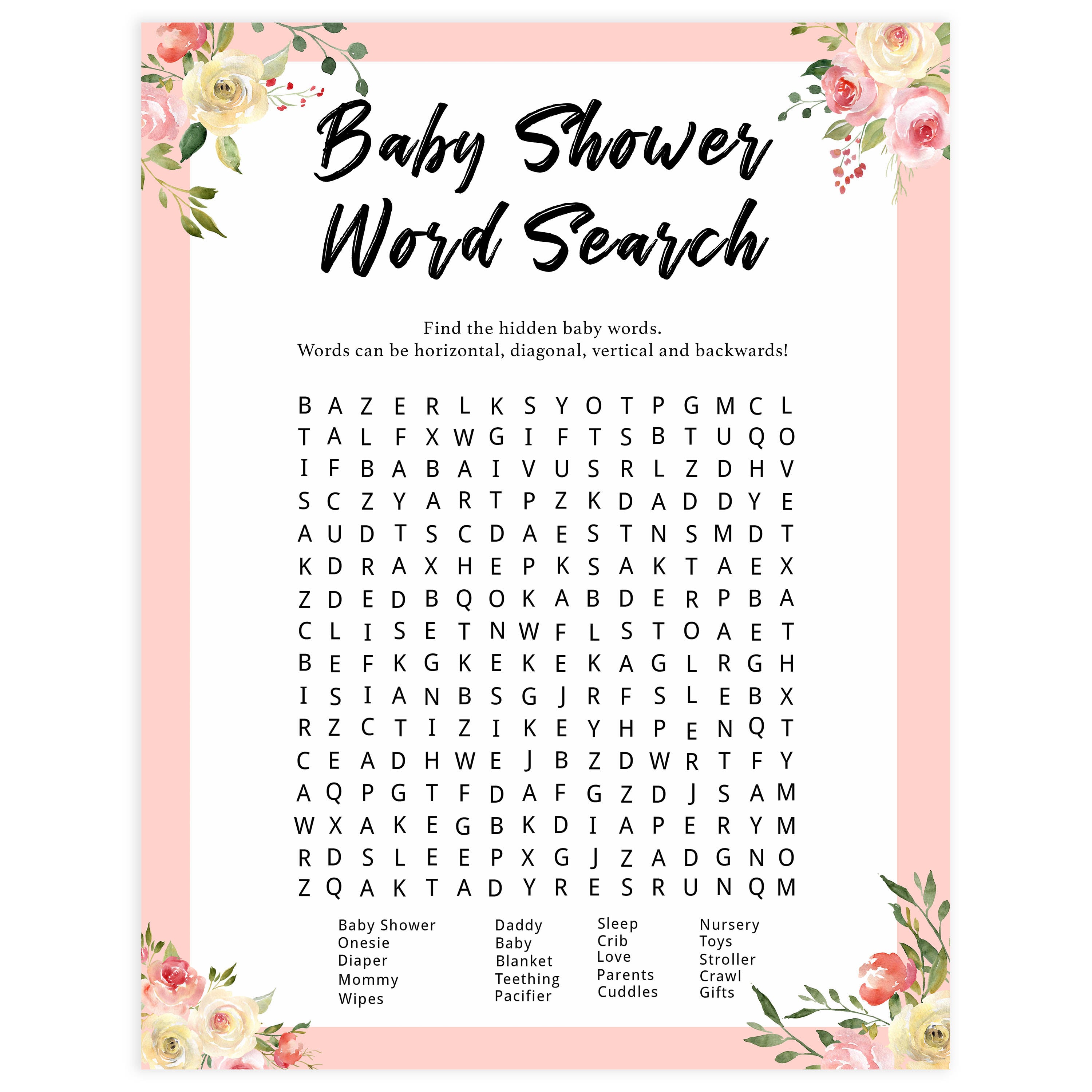baby shower word search, baby word search, Printable baby shower games, floral fun baby games, baby shower games, fun baby shower ideas, top baby shower ideas, floral baby shower, blue baby shower ideas