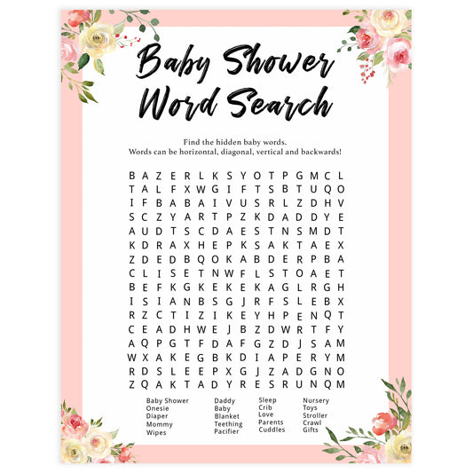 baby shower word search, baby word search, Printable baby shower games, floral fun baby games, baby shower games, fun baby shower ideas, top baby shower ideas, floral baby shower, blue baby shower ideas